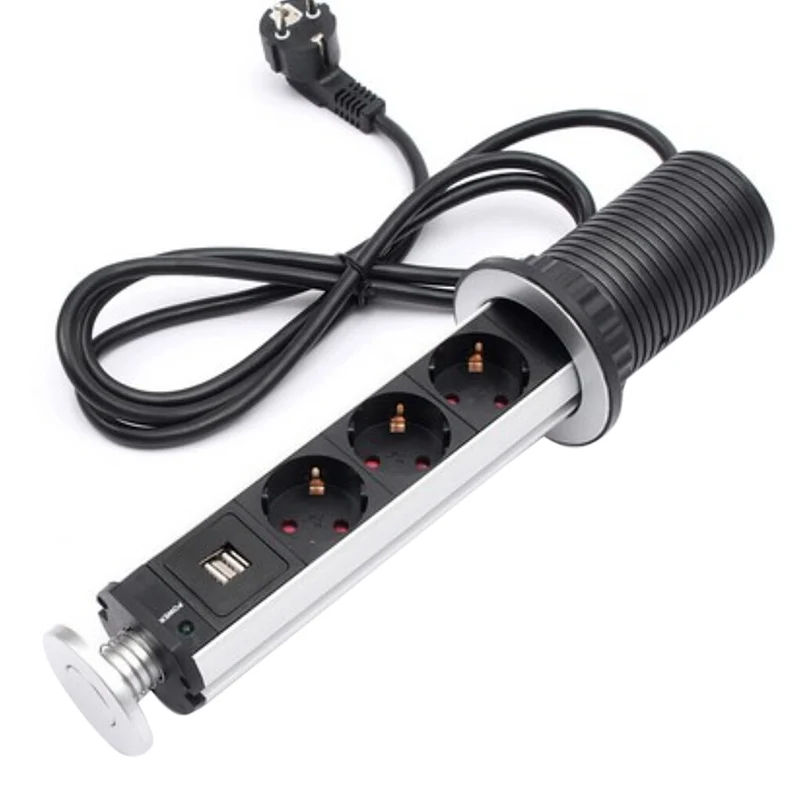

Pull pop up 3 Power Outlet 2 USB Port Charging Desktop Kitchen Table Retractable Sockets Suspended Ceiling Countertop plug PLD