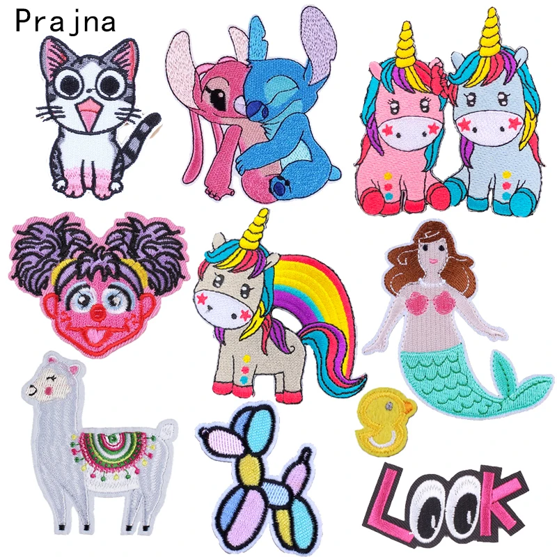 

Prajna Cartoon Patch Iron on Patches Embroidery Unicorn Cats Appliques for Kids Clothes DIY Stripes Stickers Cute Badge T-shirt