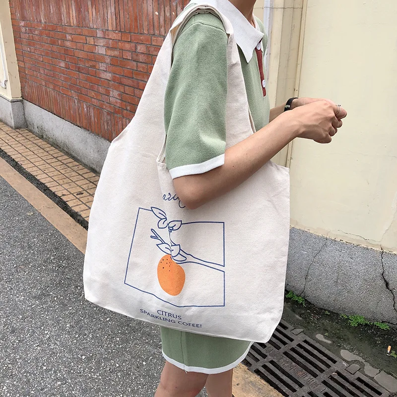 

2020 New Simple Canvas Women Bags Large Capacity Conventional Handbag Fruit Illustration Ladies Shoulder Bag Green Shopping Bag