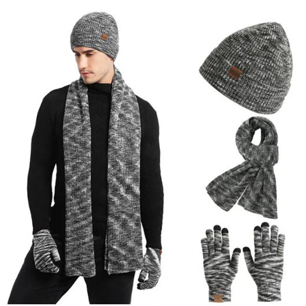 Шапка и шарф для мужчин в стиле пэчворк, теплый вязаный шарф унисекс, шапка и перчатки, набор, зимняя шапка, шарф и варежки, набор для мужчин