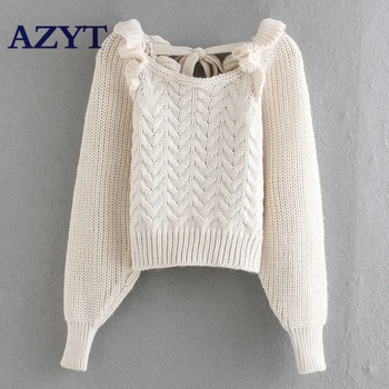 

2020 Lady Tops Square Collar Leak Back Lace Up Ruffles Sweater Casual Short Lantern Sleeve Women Pullover Sweaters Female