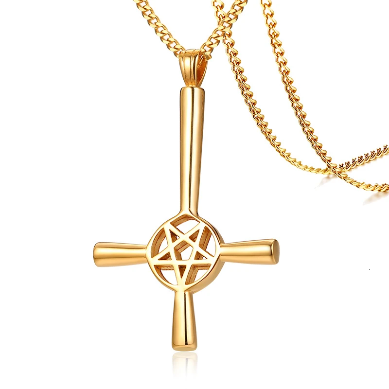 necklace gold С изображением перевернутой пентаграммы, ожерелье с крестом, мужской сатанинский символ, кулон из нержавеющей стали, вверх дном, Люцифер сатана, ювелирное изделие - Окраска металла: necklace gold