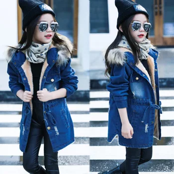 

2018 Children kids girls denim jacket large fur collar cotton denim outerwear tops Autumn Winter Basic cowboy jacket for girls
