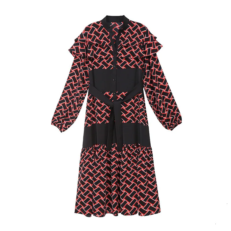 MEVGOHOT/ Новое Осеннее женское модное кружевное плиссированное платье свободного кроя в клетку с длинными рукавами и тонким поясом HD1277 - Color: red