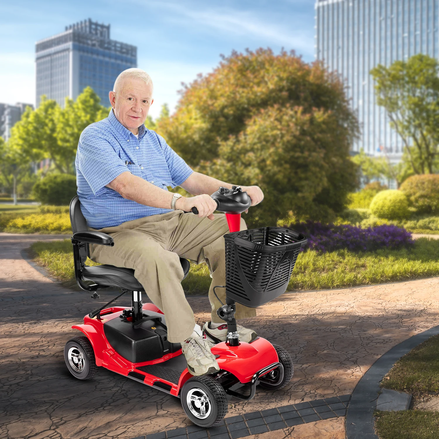 An elderly man riding an electric scooter in a park.