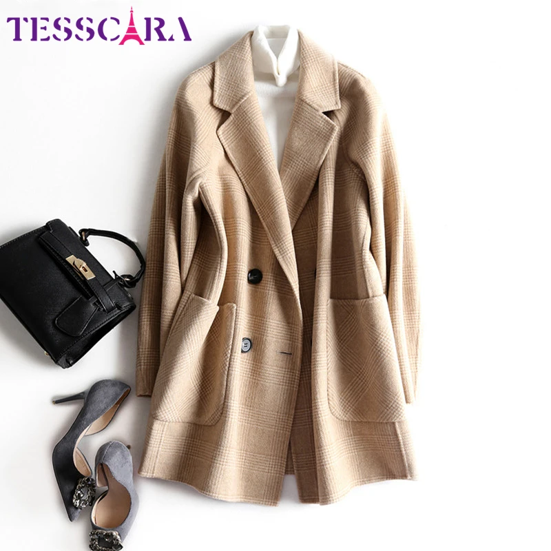 TESSCARA Женская осенне-зимняя клетчатая кашемировая куртка пальто женский шерстяной Тренч пальто Базовые Куртки Верхняя одежда и пальто
