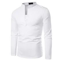Мужская рубашка поло с v-образным вырезом и длинными рукавами, одноцветная Повседневная приталенная рубашка на пуговицах с отложным воротником и длинным рукавом# LR1