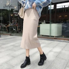 Осенняя Женская Элегантная трикотажная прямая серая юбка миди с разрезом, эластичная высокая талия, женская новая модная популярная повседневная сексуальная юбка