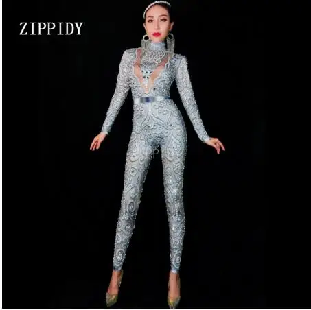 gray jumpsuit Модные 3 Цвета Кристаллы платья с жемчугом сексуальный спандекс для женщин певица комбинезон костюмы наряд день рождения Празднование вечернее платье - Цвет: gray jumpsuit