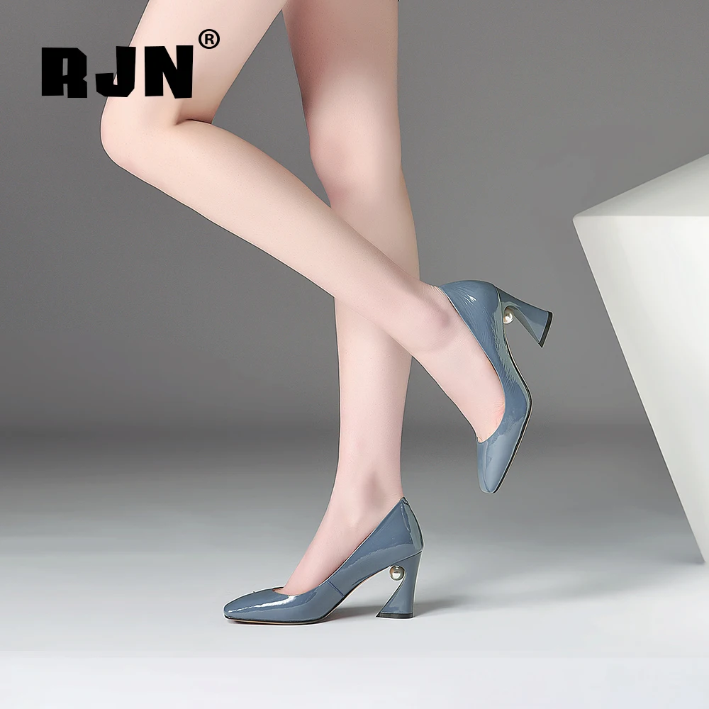 

RJN Elegant Square Toe Pumps Pearl Decoration Patent Leather Strange Style Heel Slip-on Shoes Fashion Women Pumps For Party RO51