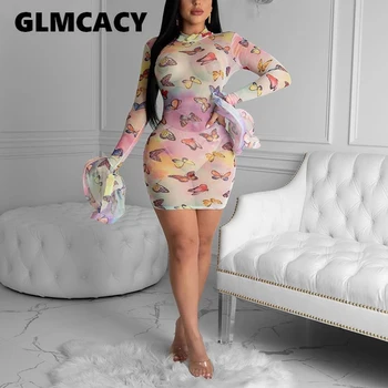 

Butterfly Printed Mesh See Through Bodycon Dress Women Long Sleeve Sexy & Club Slim Mini Dresses
