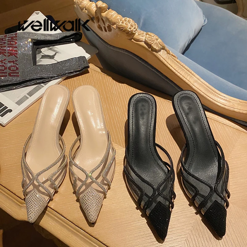 

Wedding Heel Shoes Women Dress Pumps Med Heels Mules Slippers Ladies Fashion Bling Shoe Open Back Female Sexy Party Slides 2020