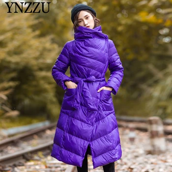 

2019 Winter High collar Women down coat Thick warm 90% With duck down Outerwear With belt Long jacket Elegant Purple YNZZU 9O052