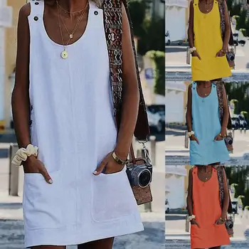 

Beach Dress Women Casual Solid Color Pocket Mini Dress Sleeveless Button Dress White Strap Dress