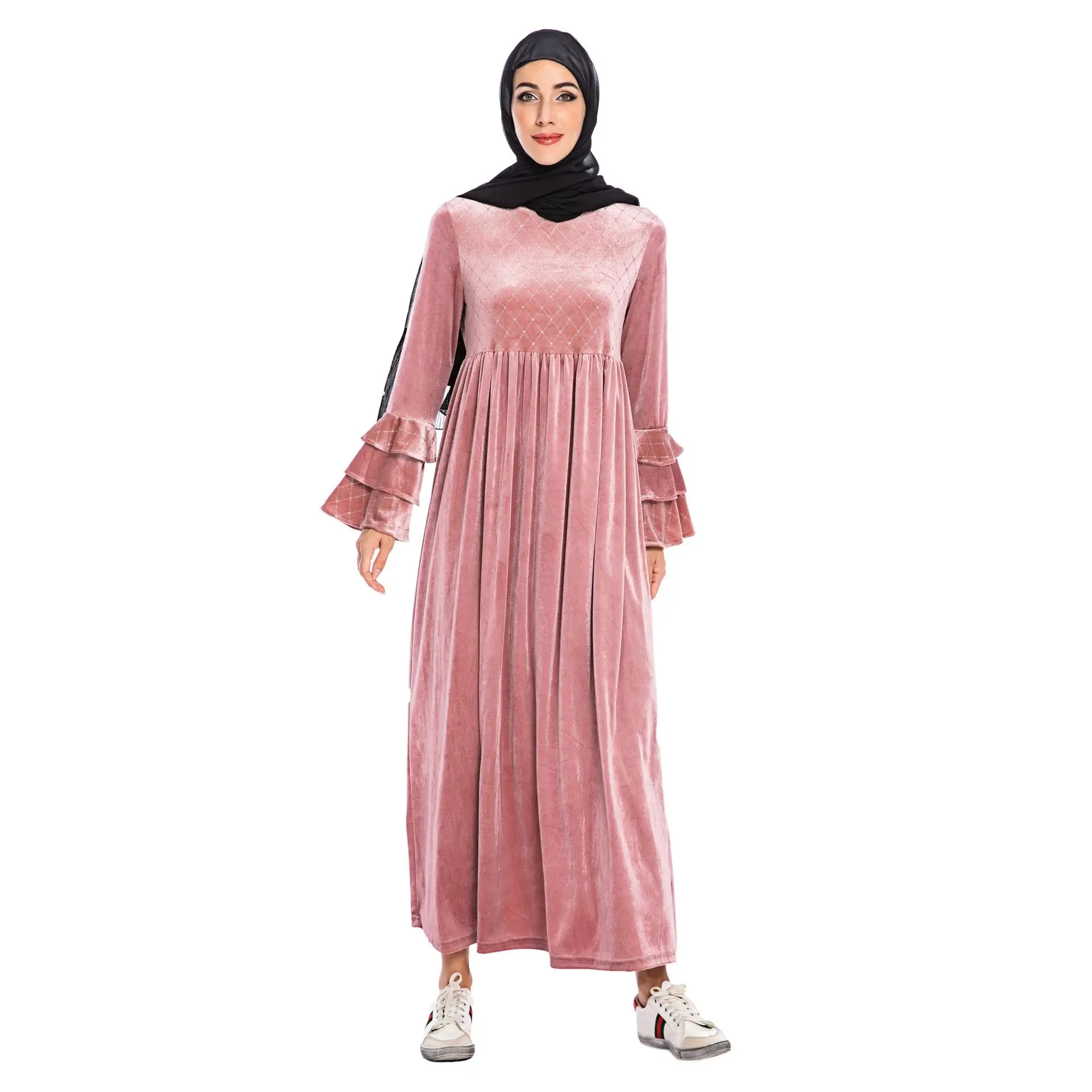 Дубай женское длинное платье макси с расклешенными рукавами abaya бархатное кафтан исламский джильбаб повседневное свободное турецкое винтажное платье Модная одежда - Цвет: Розовый