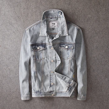 

American Streetwear Fashion Men Jackets Blue Gray Vintage Designer Ripped Denim Jackets Men Coats Hip Hop Bomber Jacket Hombre