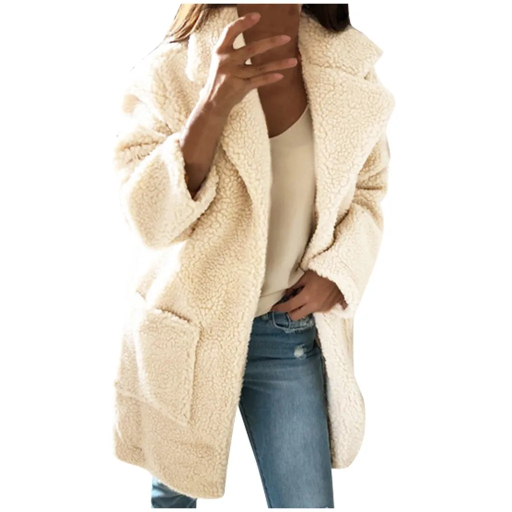Коричневое плюшевое зимнее пальто с карманами, женская теплая верхняя одежда, женская верхняя одежда, пальто, Женское пальто, Осень-зима, большой размер, casacos de inverno femi