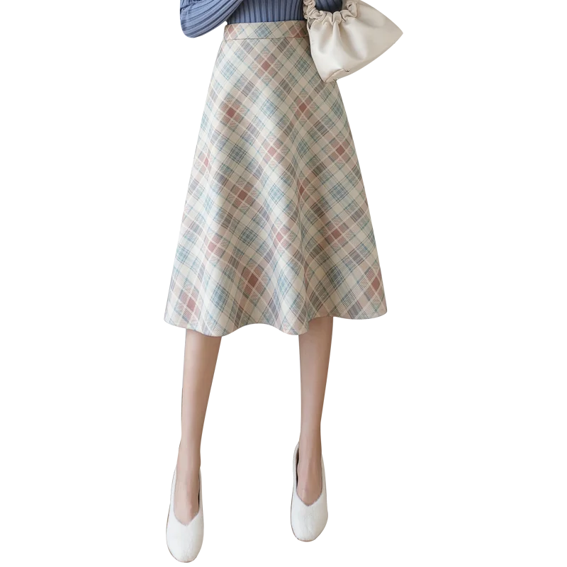 Autumn Winter Elegant Women  Vintage Plaid Woolen Midi skirts  High Waist Retro Female A-Line Office lady skirt