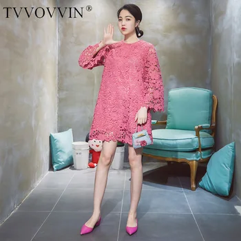 

TVVOVVIN Elegant Pink Lace O Neck Floral Dress Women Korean Style Elegant Casual Zipper Midi Dress 2019 Autumn New Fashion F707