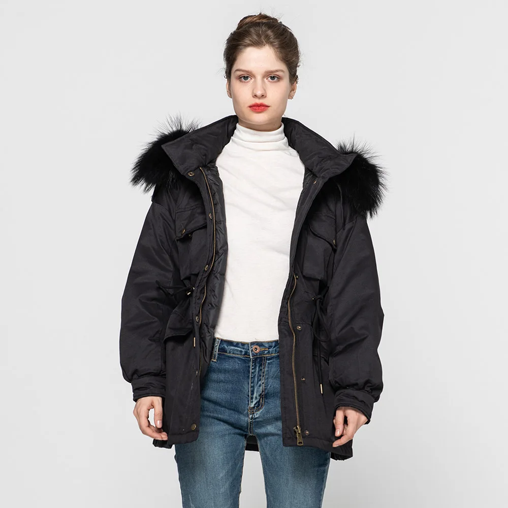 Winter Keep Warm Real Raccoon Fur Collar Down Coats Women Fashion Coat Natural Fur Outerwear S7623 - Цвет: Black