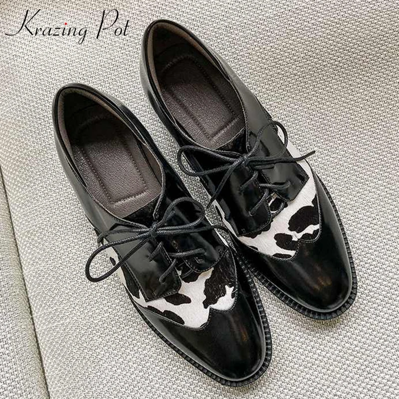 

Krazing pot 2019 genuine leather round toe lace up low heel elegant cow patterns horsehair Autumn dress lady gladiator pumps l71