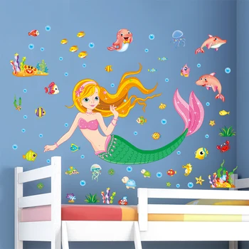 

[shijuekongjian] Underwater World Mermaid Fish Wall Stickers DIY Girl Wall Decals for Kids Room Bathroom House Decoration