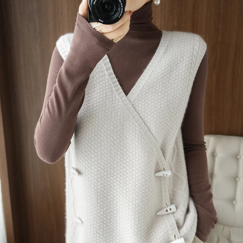sold out 2021 Autumn Winter 100%Pure Max 71% OFF Wool Women Cashmere Knit V-Neck Vest