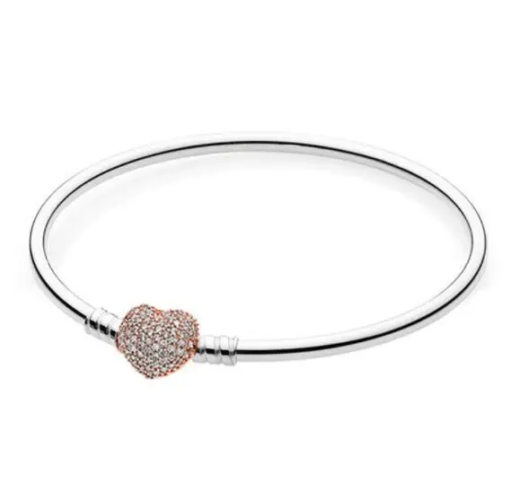 925 Sterling Silver Rose Gold Moments Pave Heart Clasp Crystal Pan Bracelet Bangle Fit Women Bead Charm Diy Europe Jewelry - Окраска металла: ROSE GOLD
