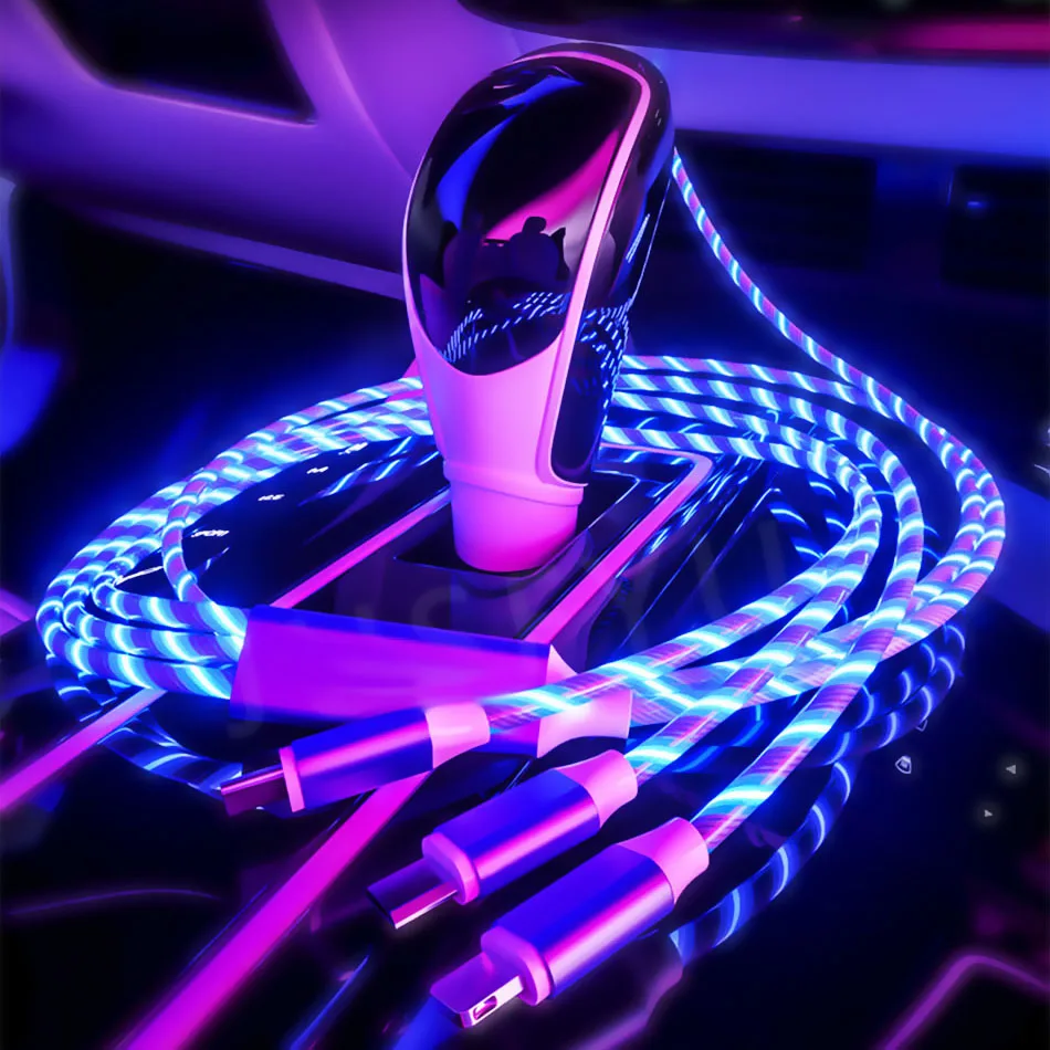 

3 in 1 LED Glow Flowing Light USB Data Cable Type C/Micro USB/8 Pin Glowing Charger Wire Mobile Phone Bright PD Charging Cord