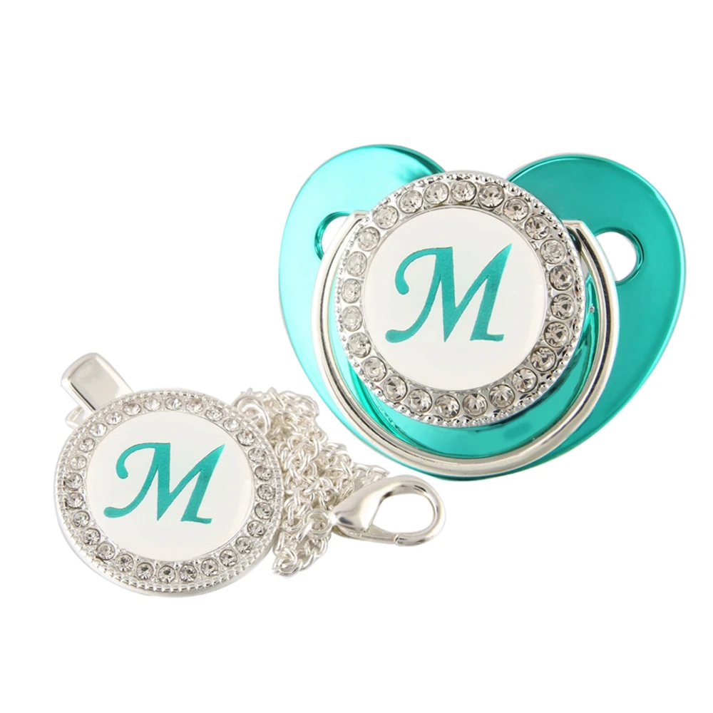 

26 Initial Letter Metallic Teal Green Luxury Baby Pacifier With Chain Clip Newborn Baby Dummy Soother Nipple 0-12 Months