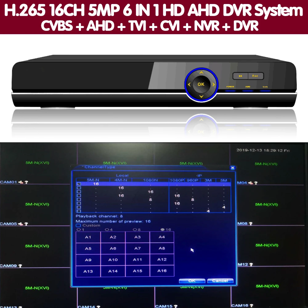 16CH 5MP Alarm Audio twarzy H.265 DVR NVR System bezpieczeństwa hybrydowy wideorejestrator P2P 1080P 5MP CVBS TVI CVI IP kamera ahd Onvif 16CH 5MP Alarm Audio twarzy H.265 DVR NVR System bezpieczeństwa hybrydowy wideorejestrator P2P 1080P 5MP CVBS TVI CVI IP kamera ahd Onvif