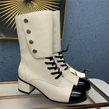 

Thick Heel Short Boots Women Luxury Brand Designer Shoes Woman Genuine Leather Chunky Boots High Heels Motorcycle Boots Women