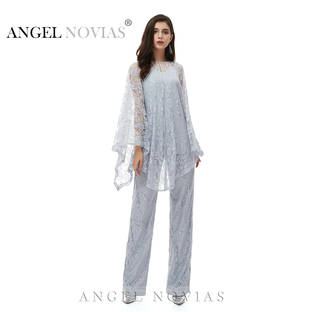 

Long Gray Lace Mother of the Bride Pant Suits Dress 2020 with Long Jackets Long Sleeves Chiffon Mother Dress For Wedding