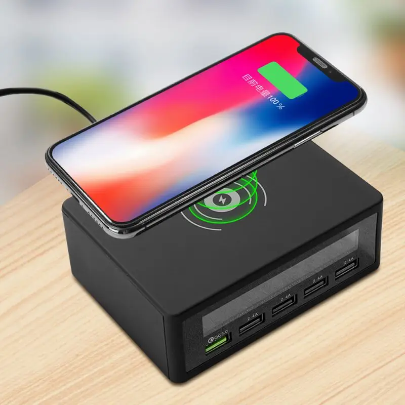 6-in-1 6-in-1 Multiple Phone QC 3.0 Charging Station 5 USB Ports and 10W QI Wireless Fast Charger with Voltage Current Display