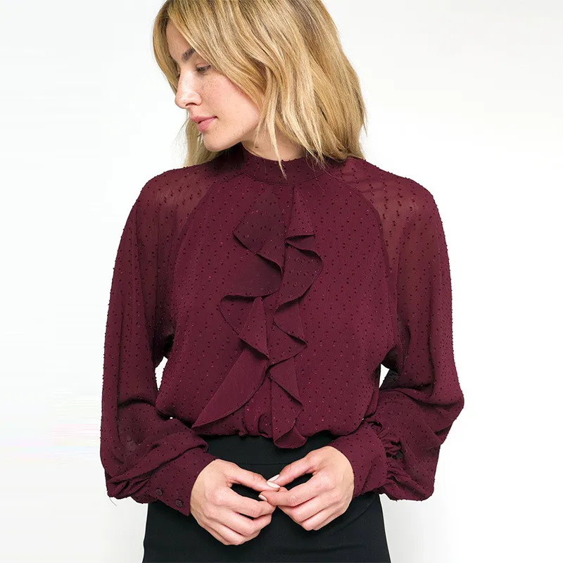 

2019 Autumn winter elegant Stand collar pullover long Lantern sleeves Wine red Ruffle chiffon blouse tops lady office blouse