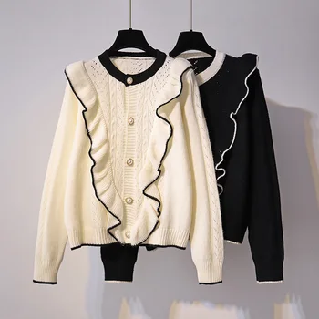 

ruffles knitted solid women sweaters and cardigan autumn new o-neck thicken warm female outwear coat tops