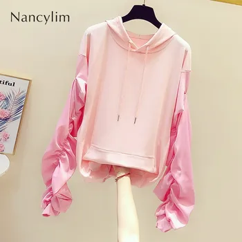 

2019 New Loose Hoodie Female Lady Streetwear Sweet Wrinkle Bubble Sleeve Splicing Long-sleeved Cap Cover Sweatshirt Student Pull