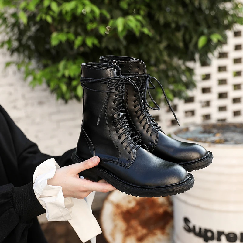 

botines mujer cross-tied female combat boots fashion black winter classic round head zipper leather botas mujer boots women