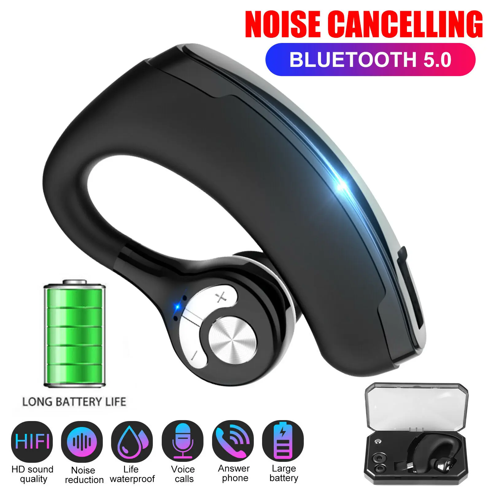kowkaka Wireless Bluetooth Headset Handsfree Ear hook Bluetooth V5 0 Headphone with Mic Noise Cancelling Muti control Earphone