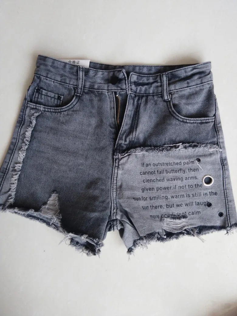 Letter retro smoke gray denim shorts women fashion high waist hole wide leg jeans shorts