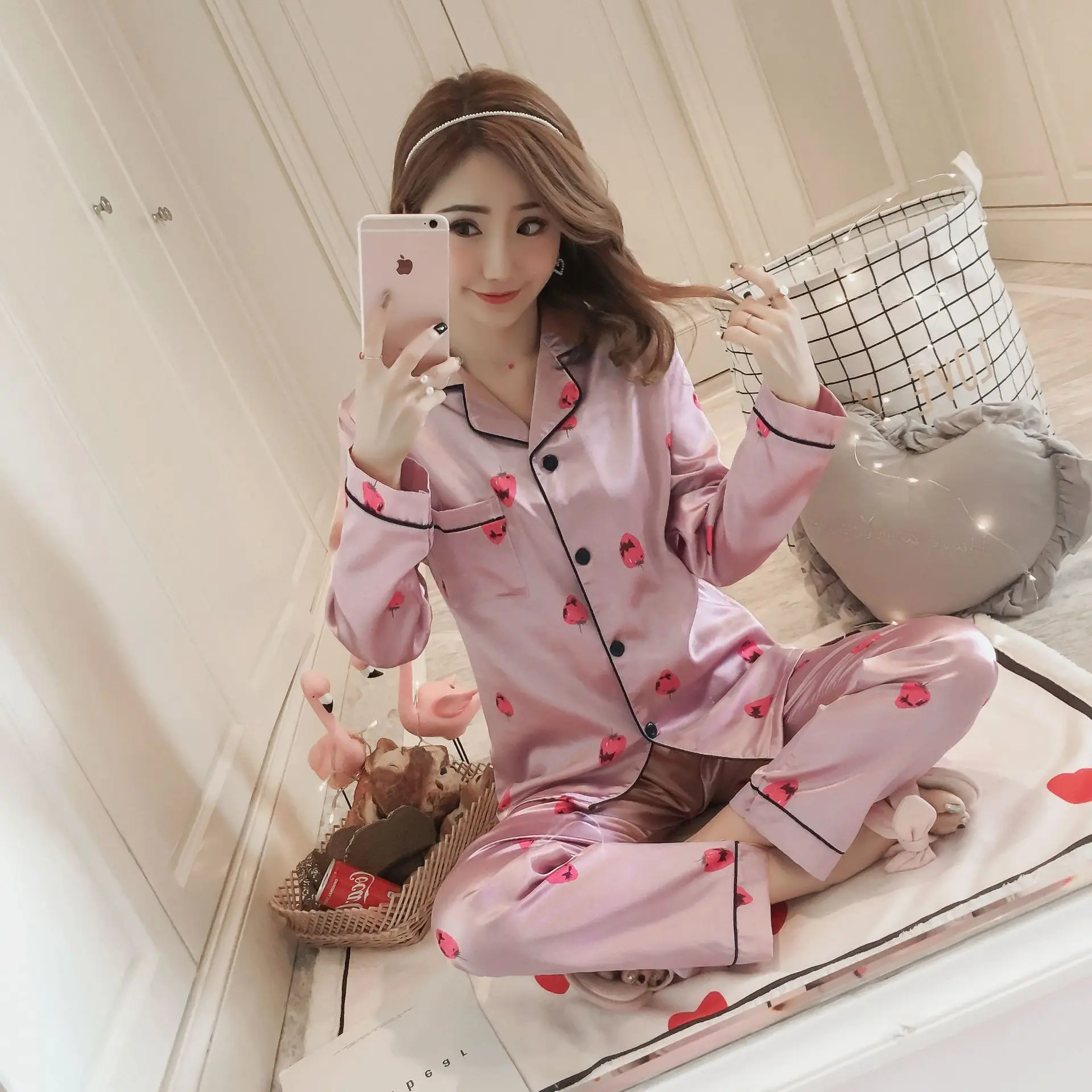 Весенний пижамный комплект M-5XL женские шелковые пижамы длинная Пижама с рукавами Пижамный костюм пижамный комплект с цветочным принтом для отдыха - Цвет: women pajama Silk1