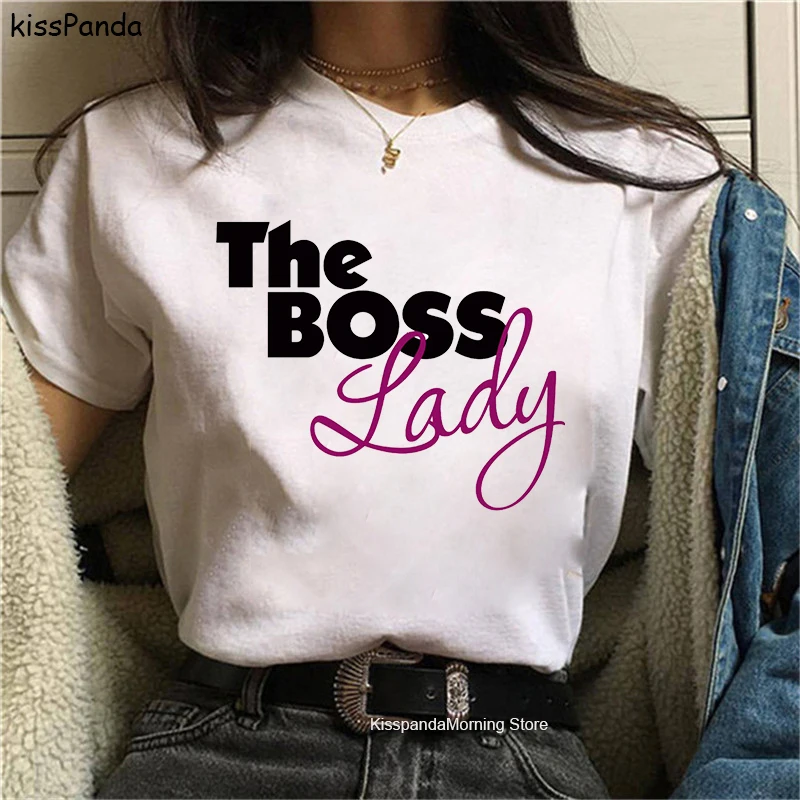 Женская футболка с надписью Boss Lady свободная коротким рукавом и круглым вырезом