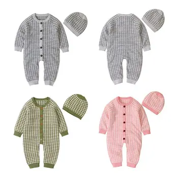 

Newborn Baby Knitted Clothes Cotton Autumn Winter Romper with Plaid Hat Outfits F3ME