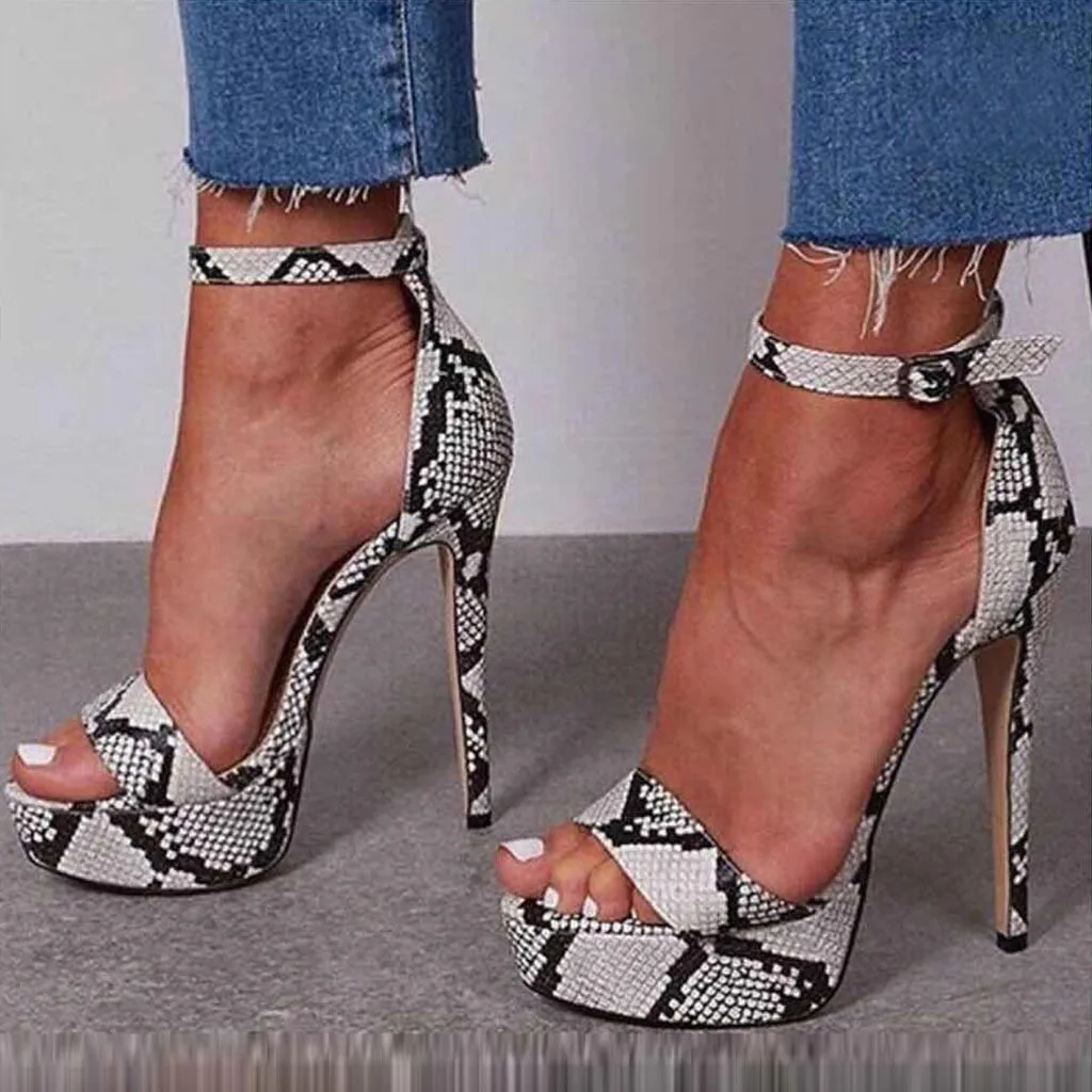 snakeskin open toe heels