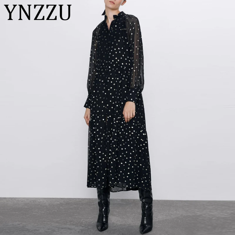 Женское шифоновое платье в горошек YNZZU элегантное офисное длинное шикарное с