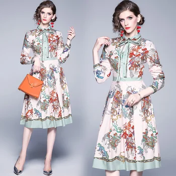 

Banulin 2019 Autumn Women Dress Runway Fashion Designer Long Sleeve Simple Bow Flower Printed Elegant New Ladys Dresses