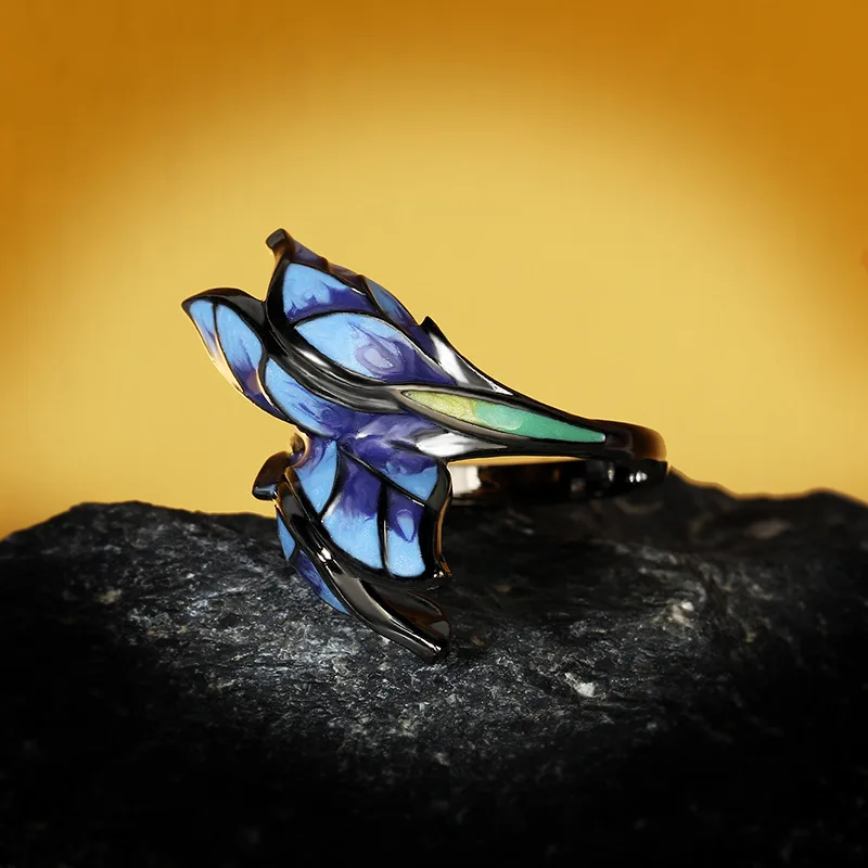 Women Jewelry Unique Shape Blue Butterfly Enamel Ring Elegant Party Handmade
