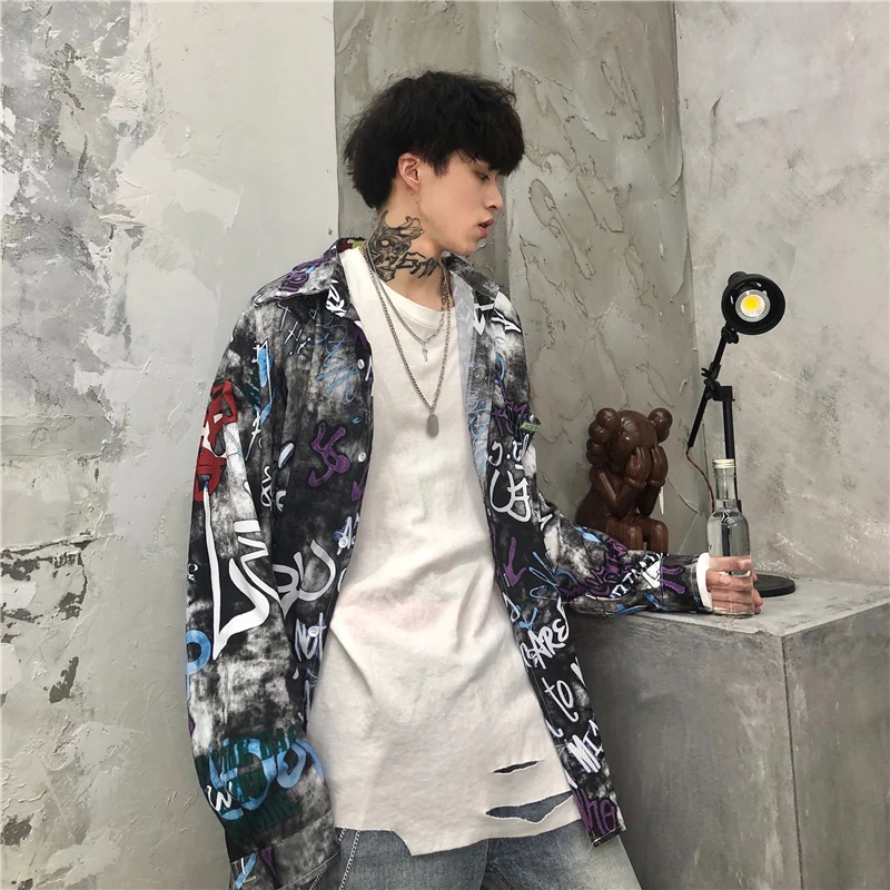 Мужская футболка с граффити, уличная Мужская Футболка Harajuku в стиле хип-хоп, осенняя Повседневная Уличная одежда с длинным рукавом, рубашка большого размера