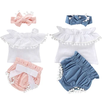 

Infant Baby Girls Sleeveless Tassel Hair Ball Ruffles Solid color Tops+Tassels Blue/pink Shorts + Headband girls summer outfits