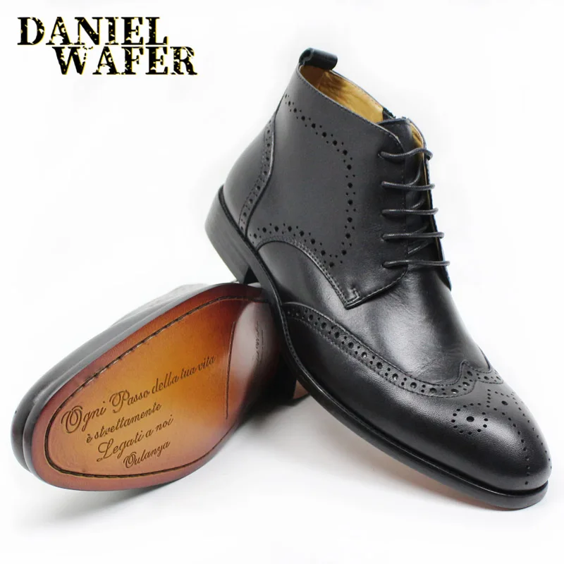 

NEW FASHION LUXURY GENUINE LEATHER SHOES MEN ANKLE BOOTS HIGH GRADE TOP ZIP LACE-UP MEN DRESS SHOES BLACK BROWN BASIC BOOTS MEN